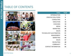 TABLE OF CONTENTS
2
TOPIC PAGE
INTRODUCTION 3
CREATIVE SOLUTIONS 6
CONSULTING 8
EXECUTION 12
COACHING 19
MEDIA 23
MARKETIN...