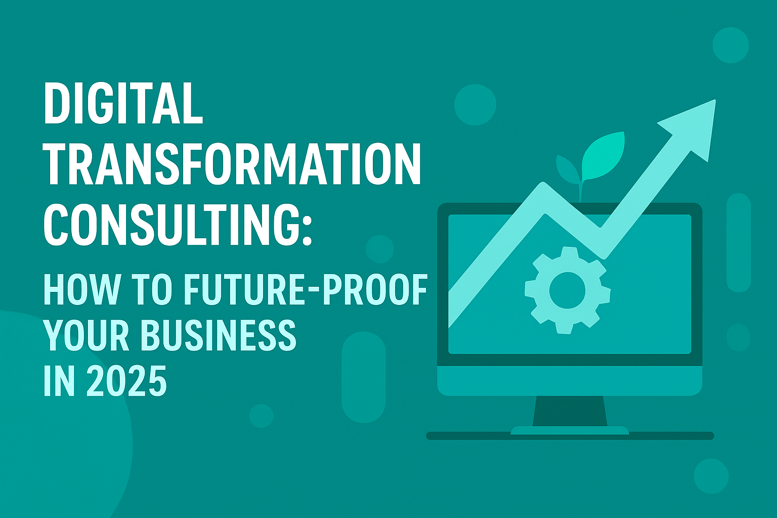 Digital transformation consulting blog header image in KR1STNA Media brand colors with computer monitor, growth arrow, and gear icon representing CRM, automation, and business process optimization.